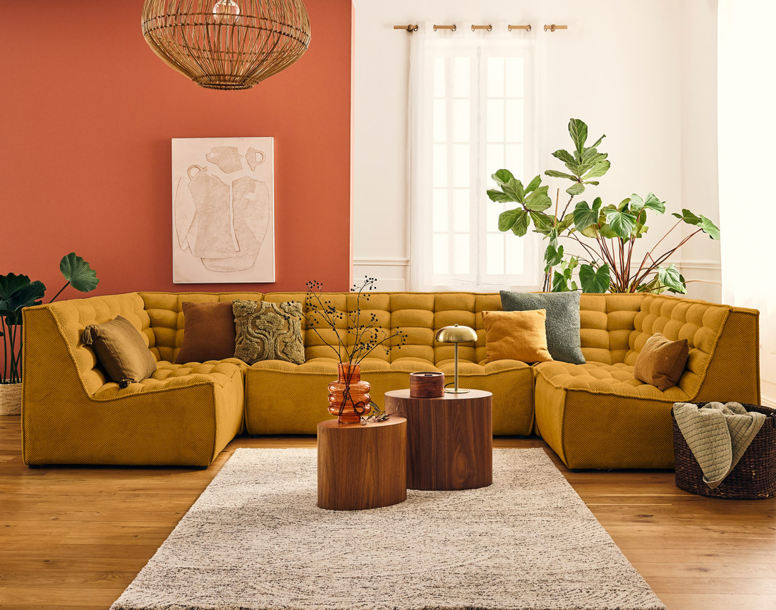 Canapé modulable panoramique 7 places en velours texturé Ellie