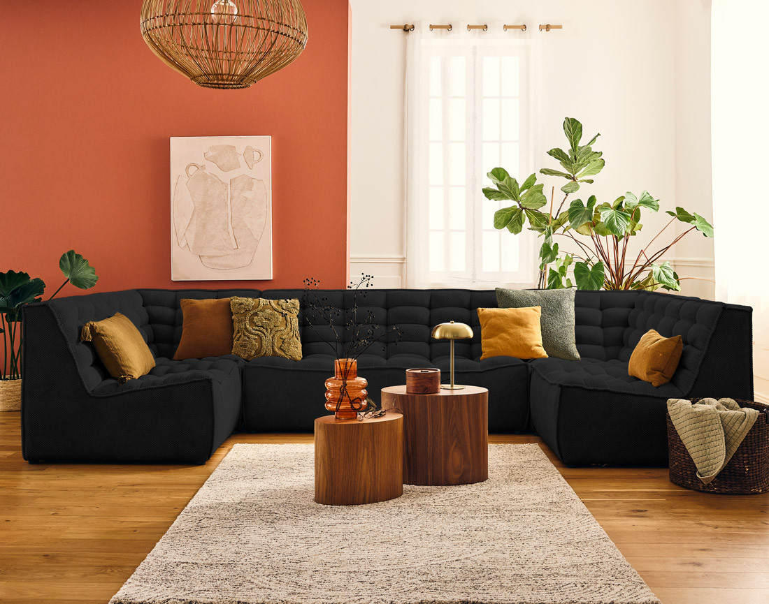 Canapé modulable panoramique 7 places en velours texturé Ellie