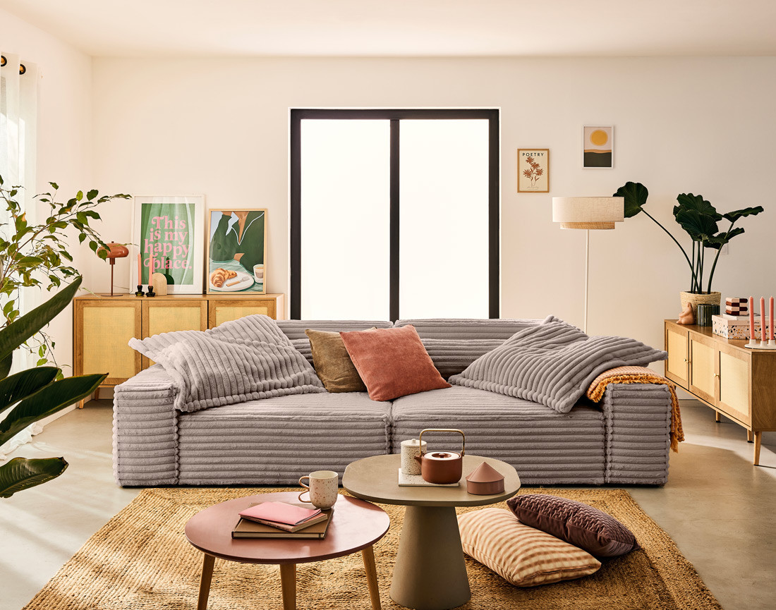 Canapé droit 3 places avec double méridienne en fausse fourrure côtelée Richie