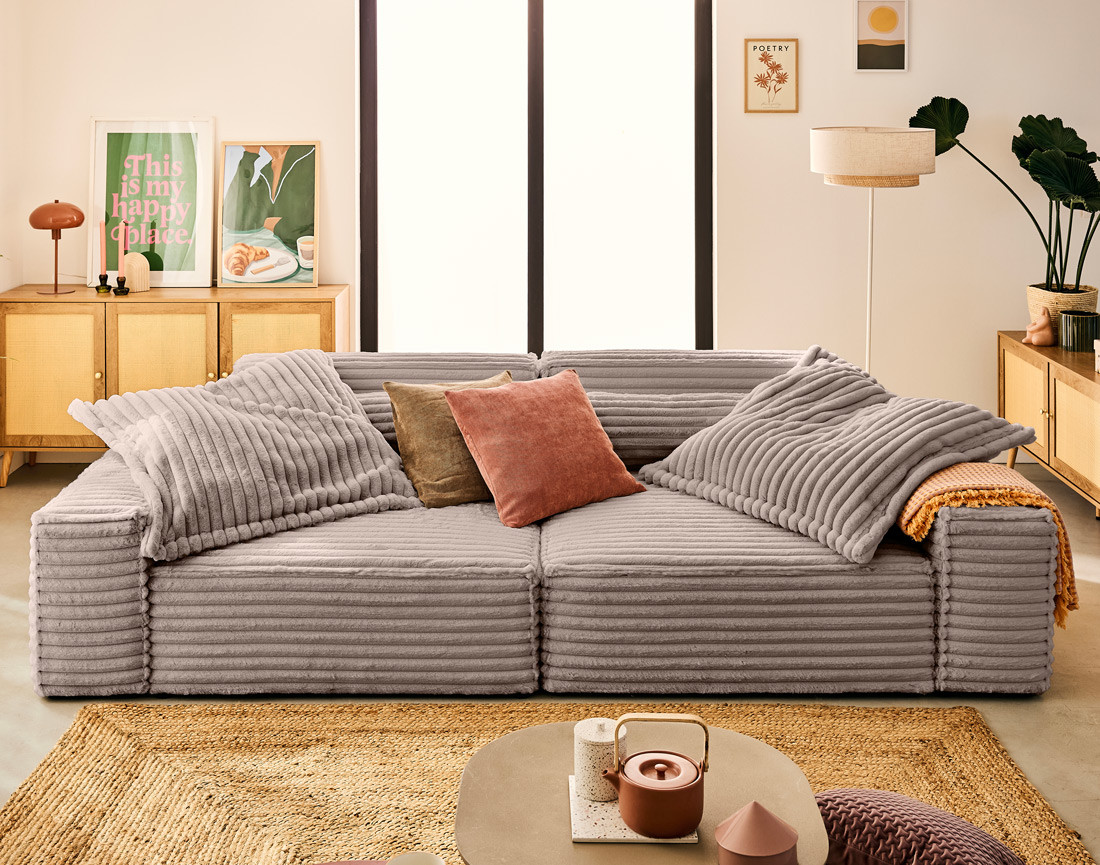 Canapé droit 3 places avec double méridienne en fausse fourrure côtelée Richie