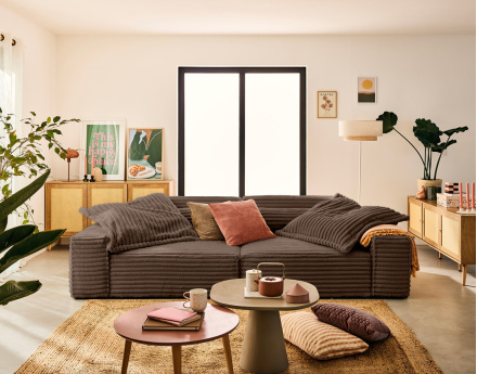 Canapé droit 3 places avec double méridienne en fausse fourrure côtelée Richie