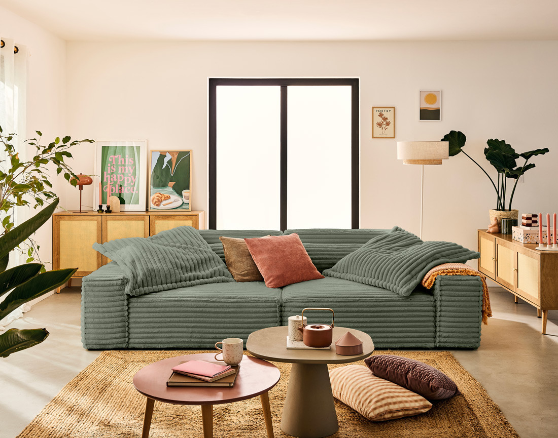 Canapé droit 3 places avec double méridienne en fausse fourrure côtelée Richie