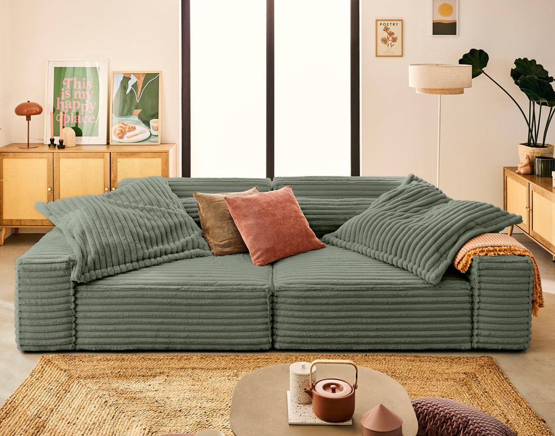 Canapé droit 3 places avec double méridienne en fausse fourrure côtelée Richie