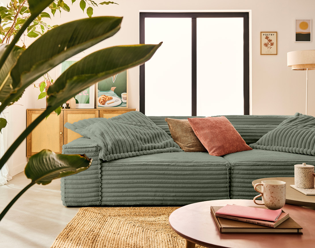 Canapé droit 3 places avec double méridienne en fausse fourrure côtelée Richie