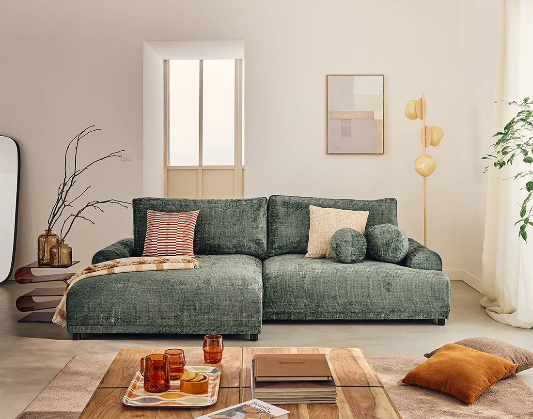 Canapé d'angle gauche 4 places convertible avec coffre en velours texturé Nelly