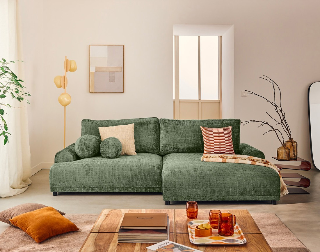 Canapé d'angle droit 4 places convertible avec coffre en velours texturé Nelly