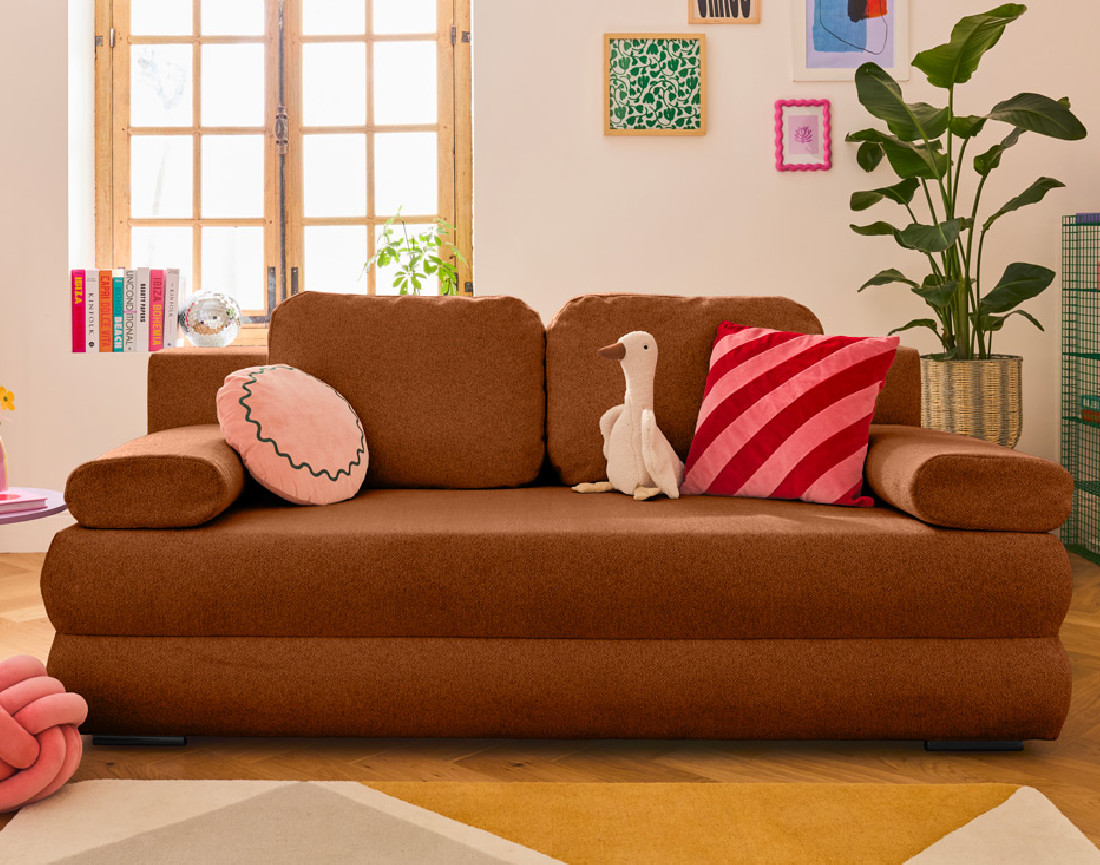 Canapé droit 3 places convertible avec coffre en tissu texturé Nora