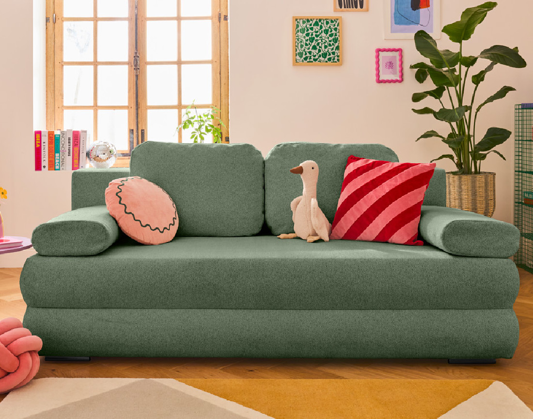 Canapé droit 3 places convertible avec coffre en tissu texturé Nora