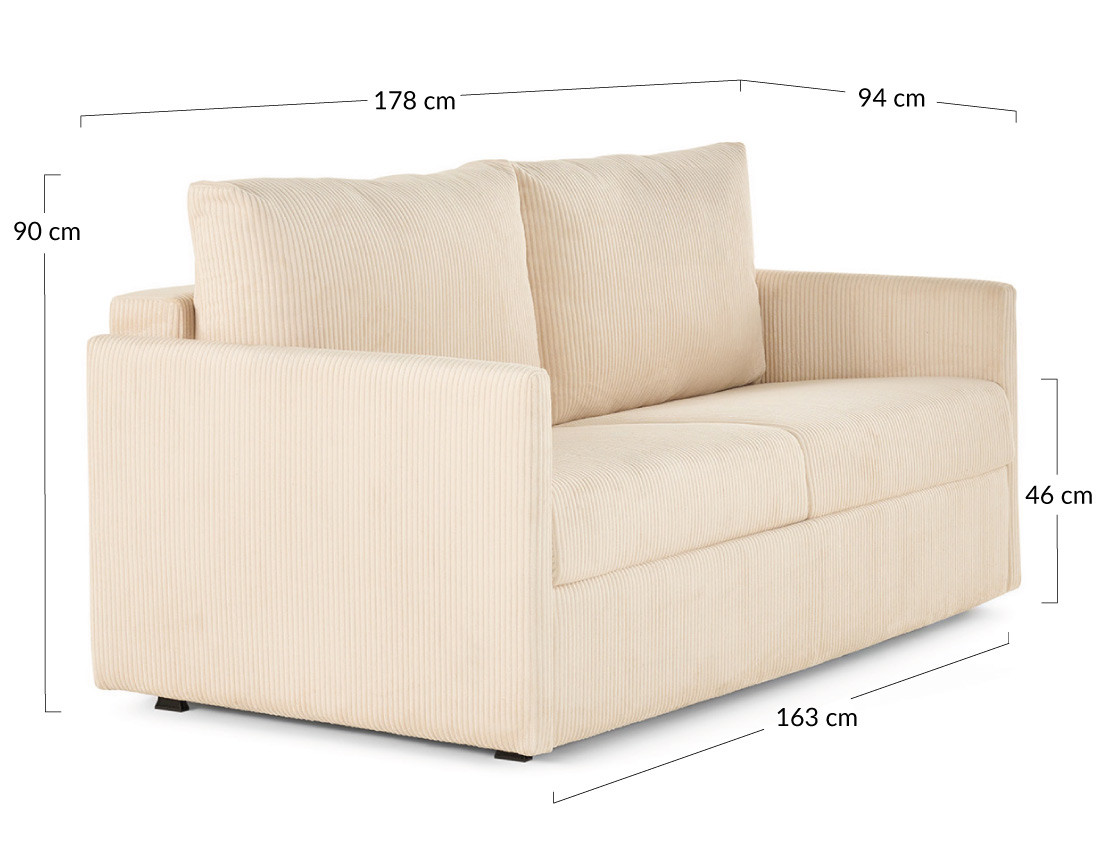Canapé 3 places convertible couchage quotidien matelas 12 cm en velours côtelé Ottawa