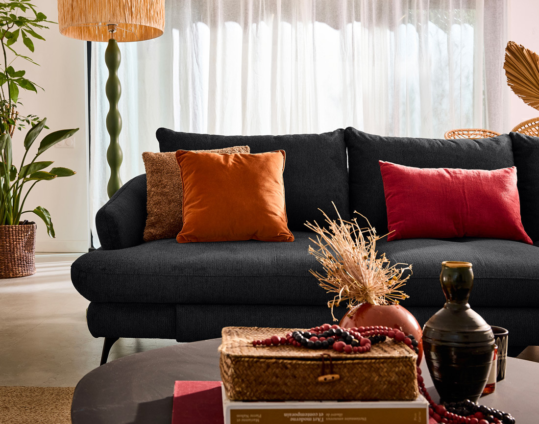 Canapé d'angle droit 4 places convertible avec coffre en tissu texturé Ninon