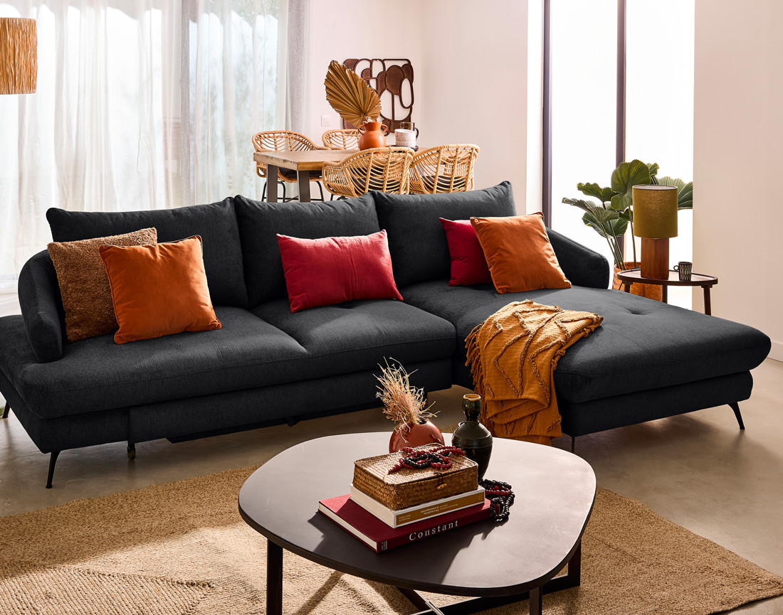 Canapé d'angle droit 4 places convertible avec coffre en tissu texturé Ninon