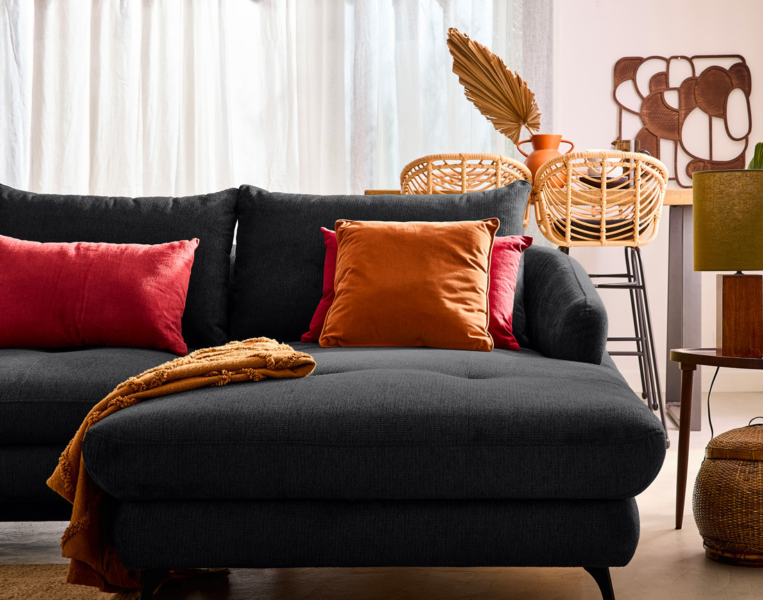 Canapé d'angle droit 4 places convertible avec coffre en tissu texturé Ninon