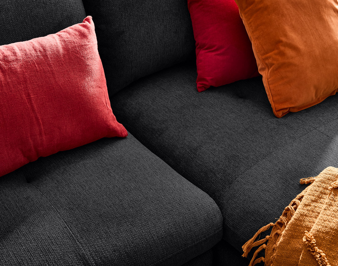 Canapé d'angle droit 4 places convertible avec coffre en tissu texturé Ninon