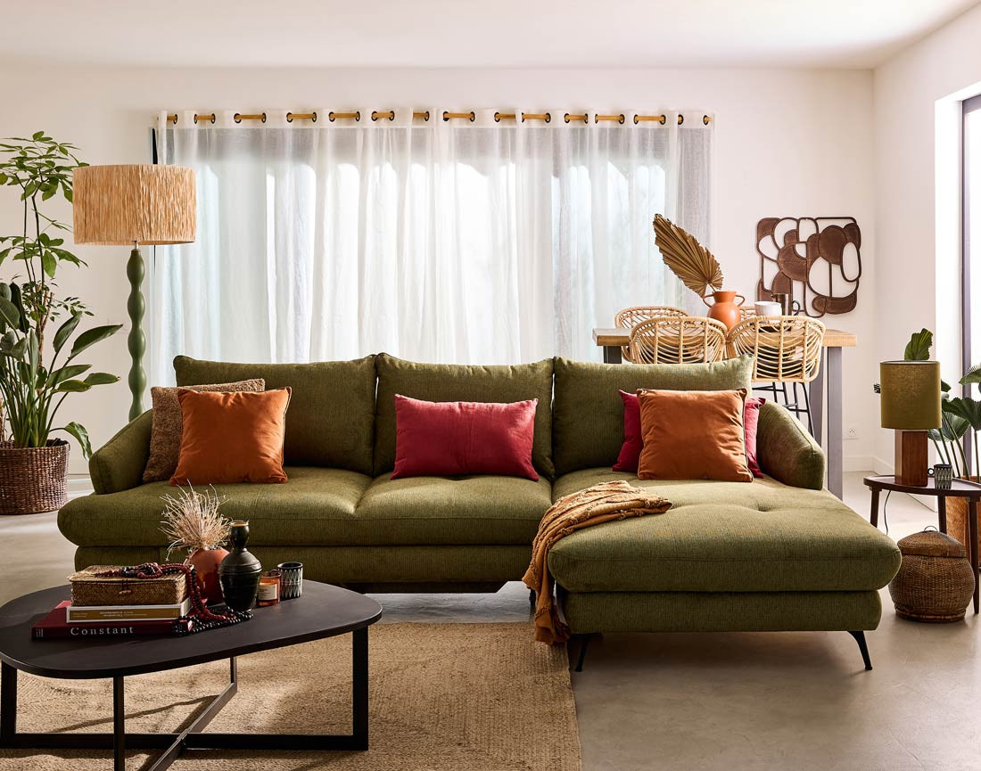 Canapé d'angle droit 4 places convertible avec coffre en tissu texturé Ninon