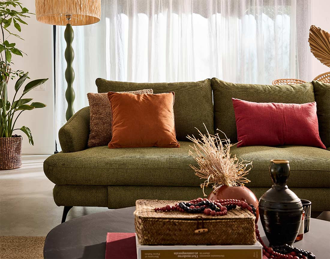 Canapé d'angle droit 4 places convertible avec coffre en tissu texturé Ninon