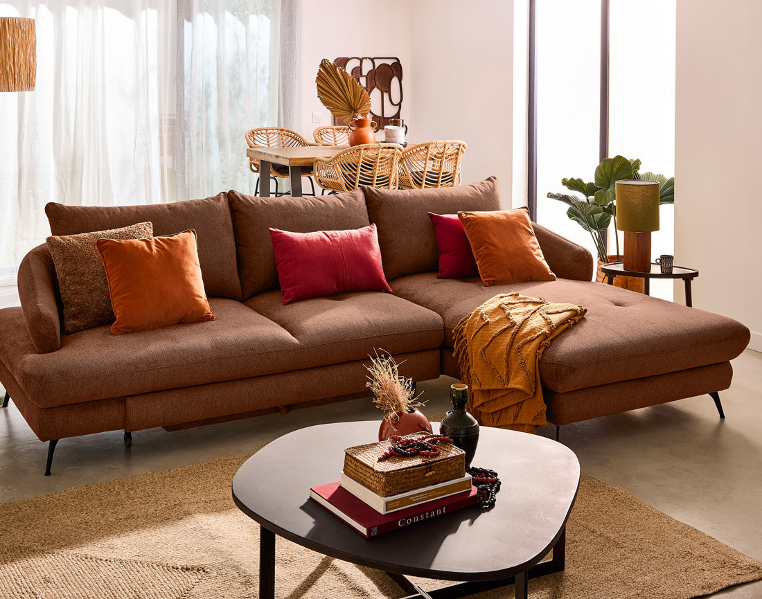 Canapé d'angle droit 4 places convertible avec coffre en tissu texturé Ninon