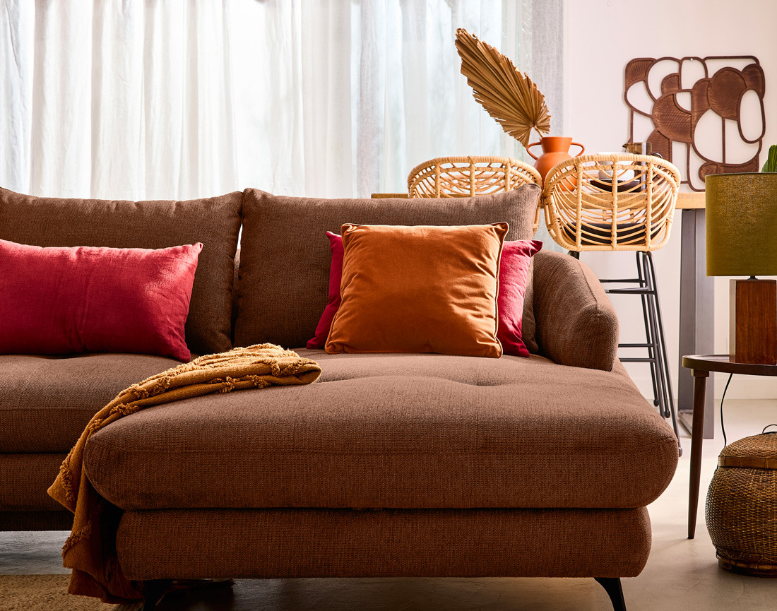 Canapé d'angle droit 4 places convertible avec coffre en tissu texturé Ninon