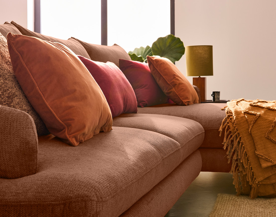 Canapé d'angle droit 4 places convertible avec coffre en tissu texturé Ninon