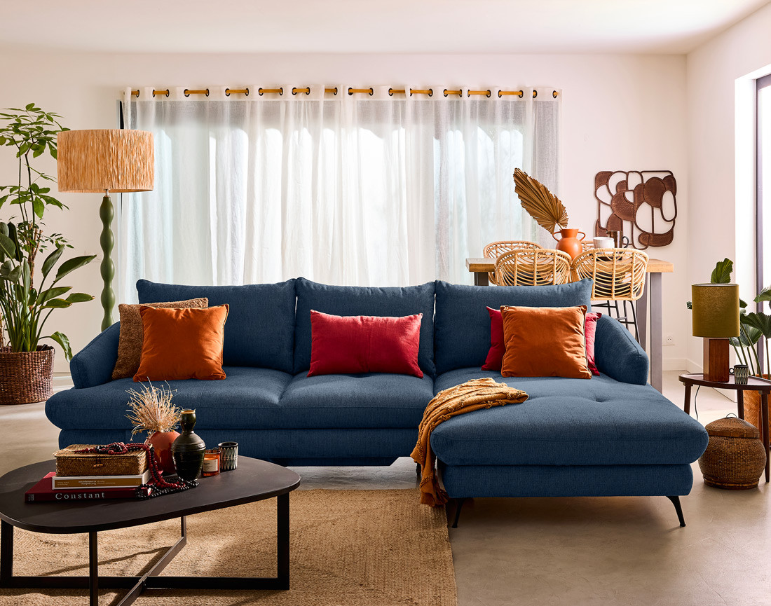 Canapé d'angle droit 4 places convertible avec coffre en tissu texturé Ninon