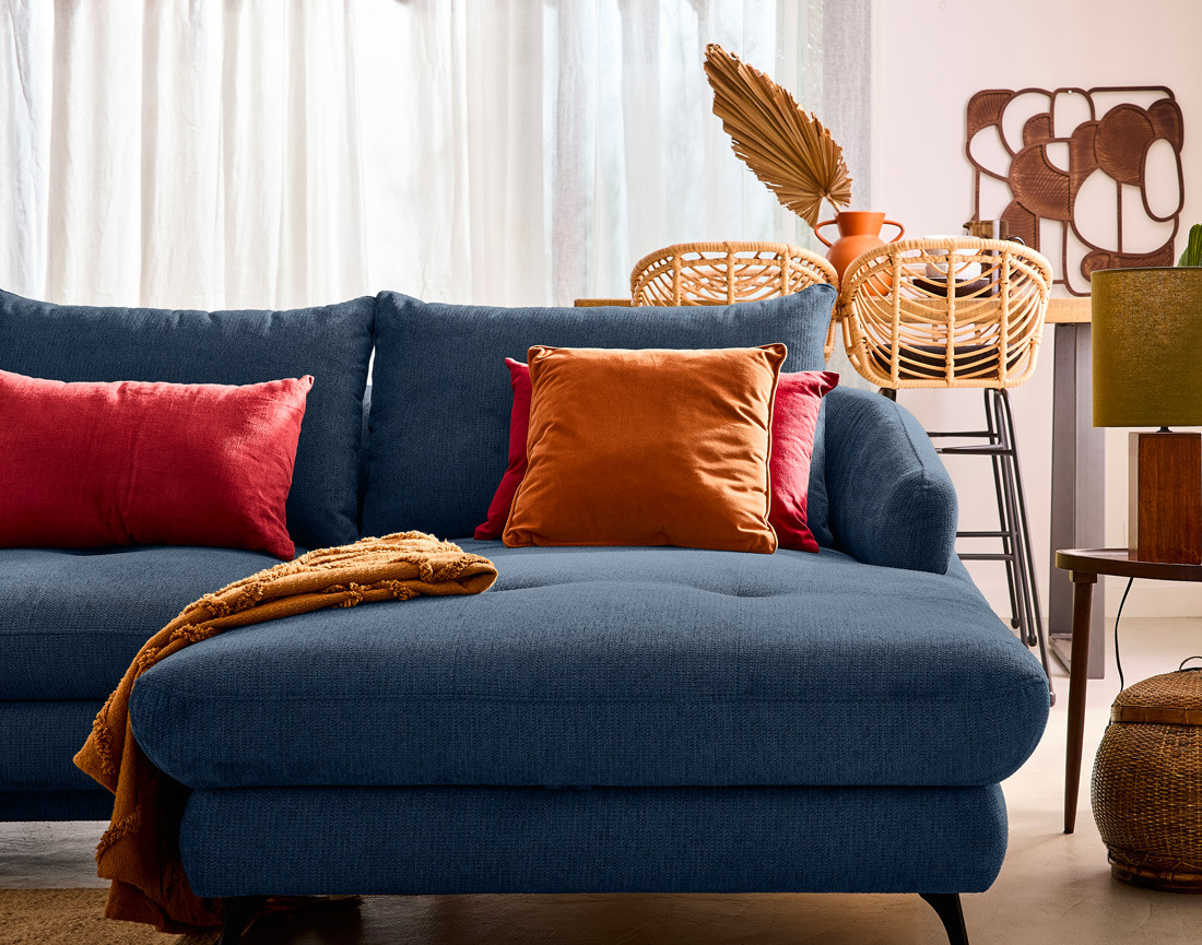 Canapé d'angle droit 4 places convertible avec coffre en tissu texturé Ninon