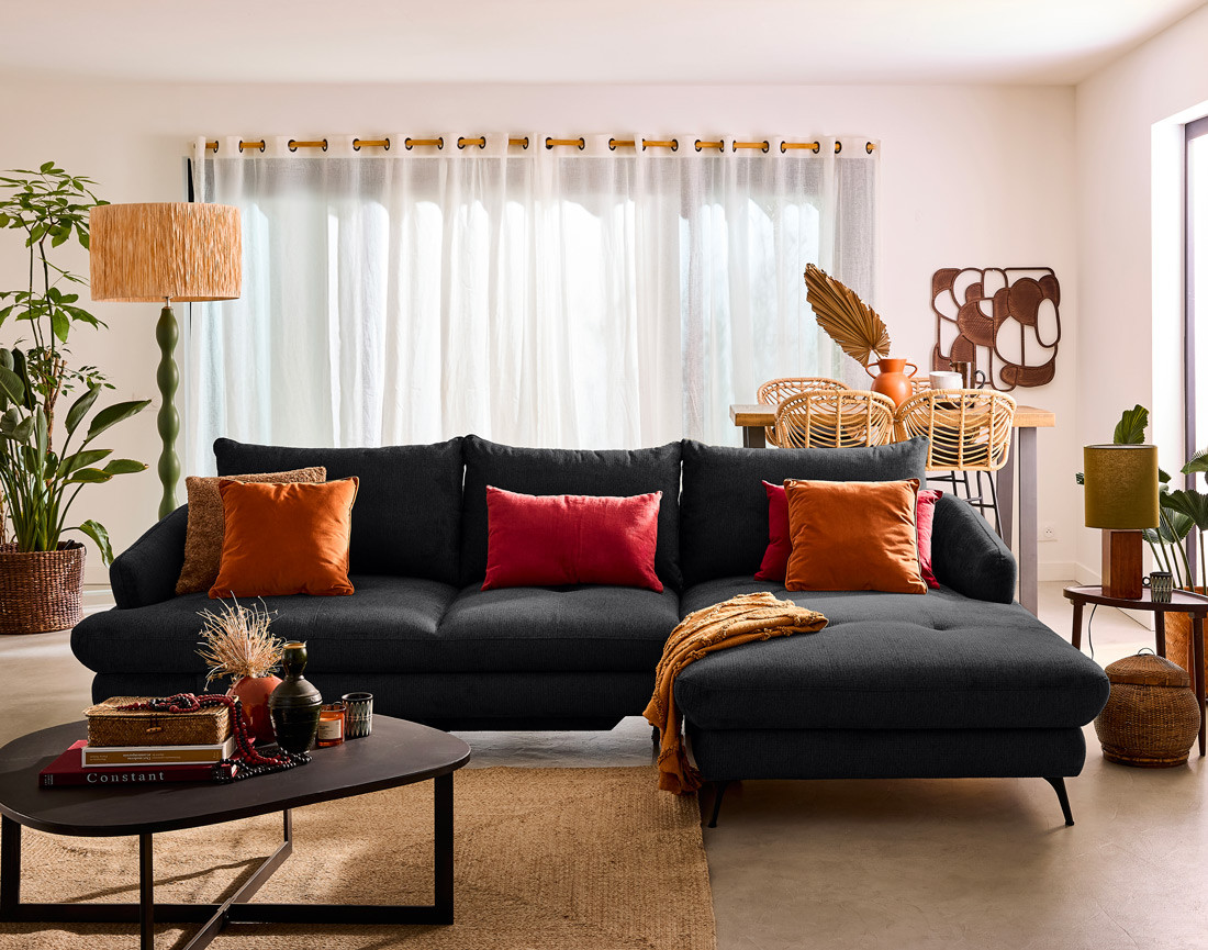 Canapé d'angle droit 4 places convertible avec coffre en tissu texturé Ninon