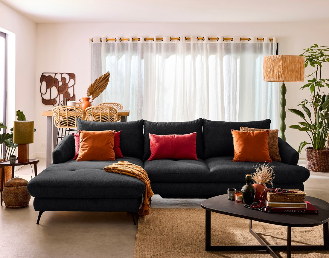 Canapé d'angle gauche 4 places convertible avec coffre en tissu texturé Ninon