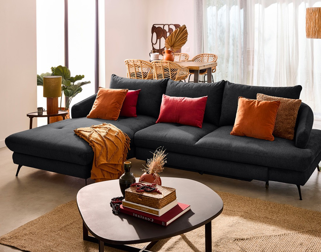 Canapé d'angle gauche 4 places convertible avec coffre en tissu texturé Ninon