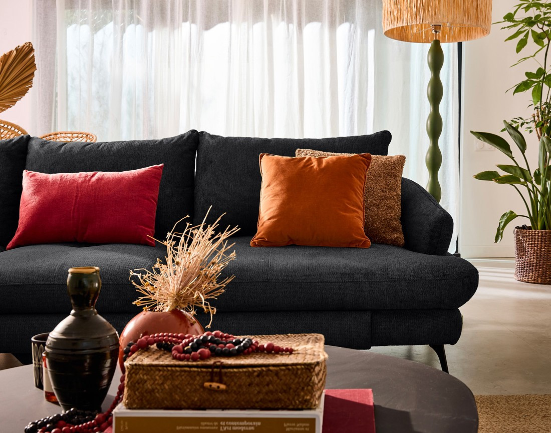 Canapé d'angle gauche 4 places convertible avec coffre en tissu texturé Ninon