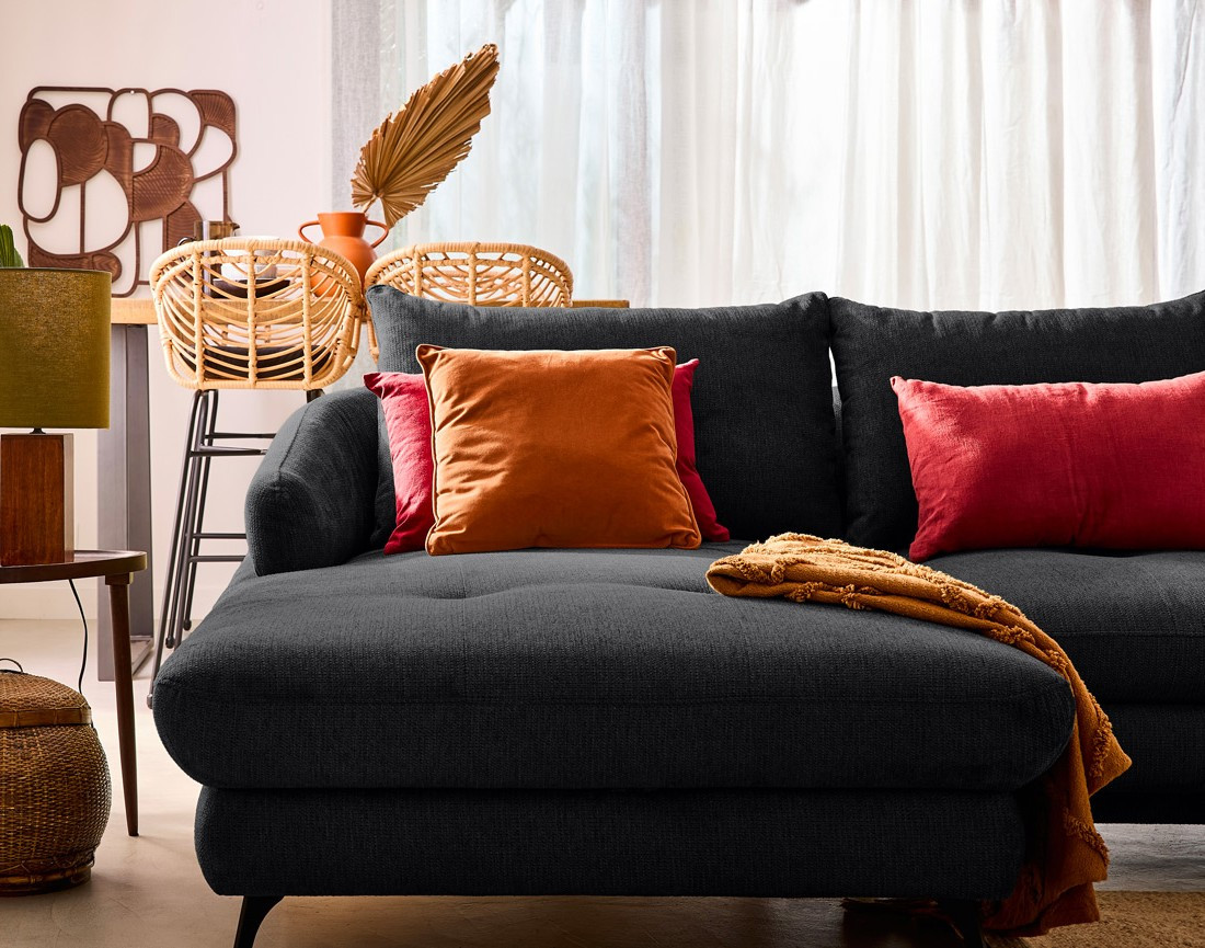 Canapé d'angle gauche 4 places convertible avec coffre en tissu texturé Ninon