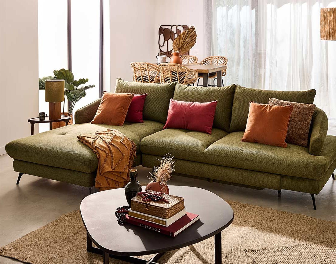 Canapé d'angle gauche 4 places convertible avec coffre en tissu texturé Ninon