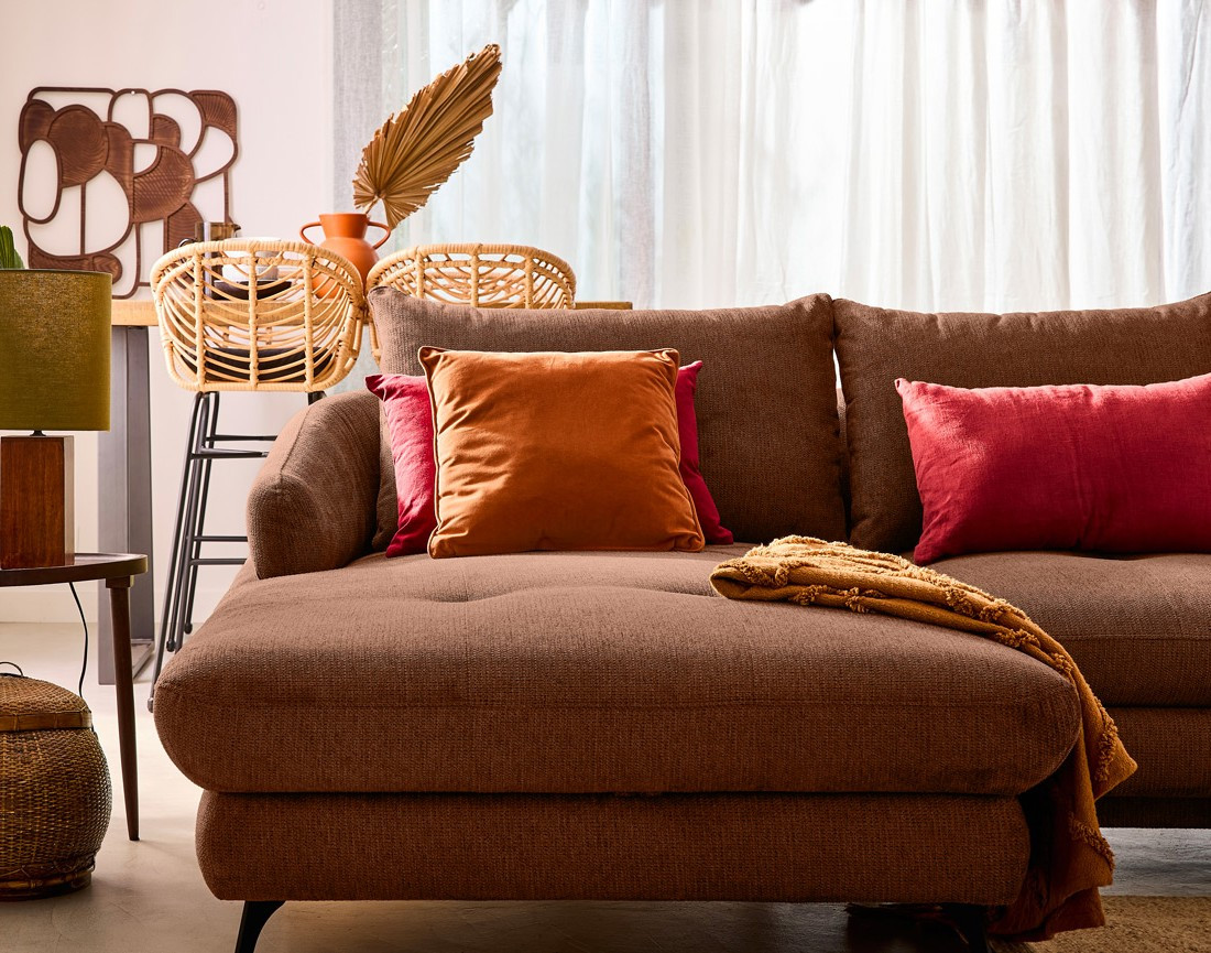 Canapé d'angle gauche 4 places convertible avec coffre en tissu texturé Ninon