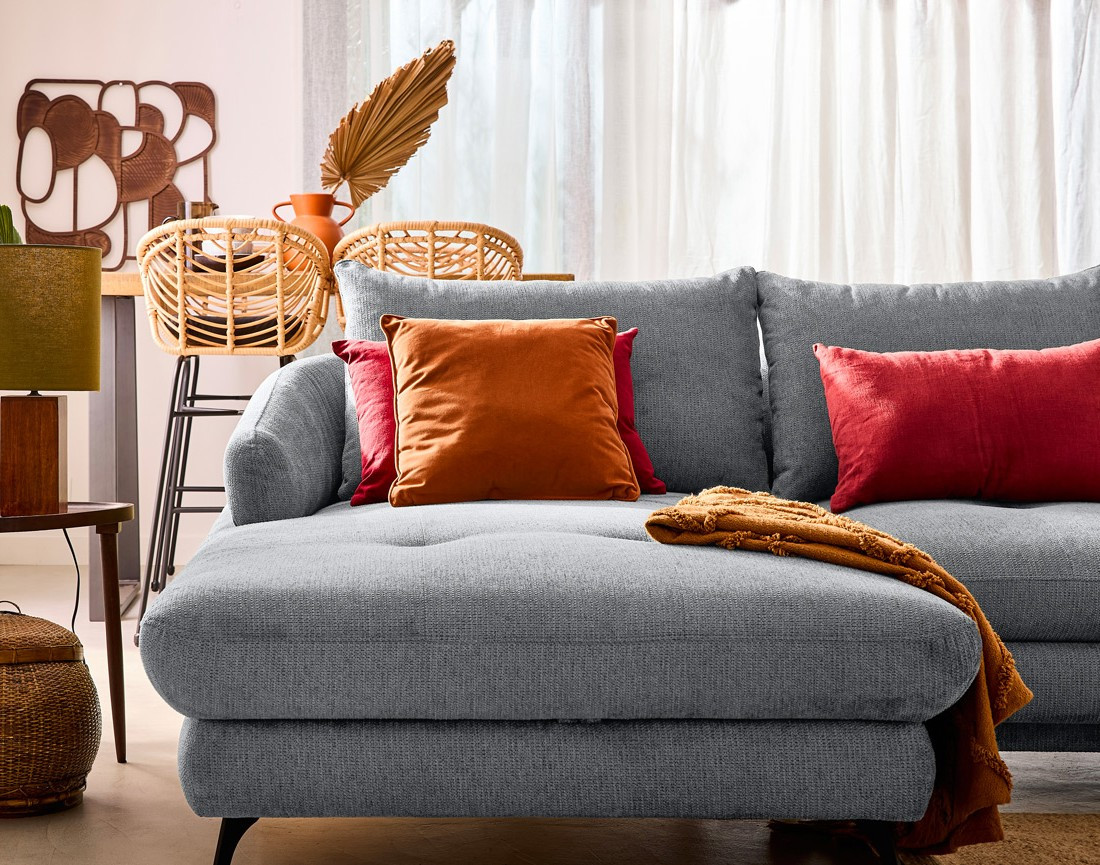 Canapé d'angle gauche 4 places convertible avec coffre en tissu texturé Ninon