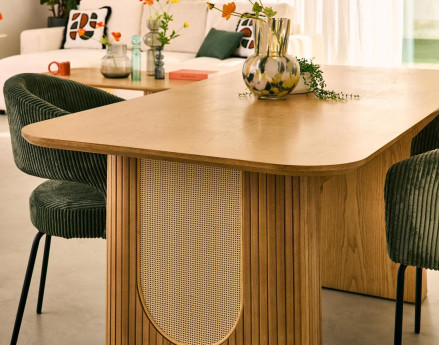 Table à manger bois plaqué chêne et cannage 180 cm Milazzo