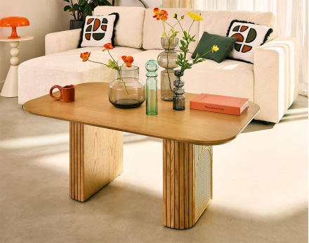 Table basse bois plaqué chêne et cannage 120 cm Milazzo