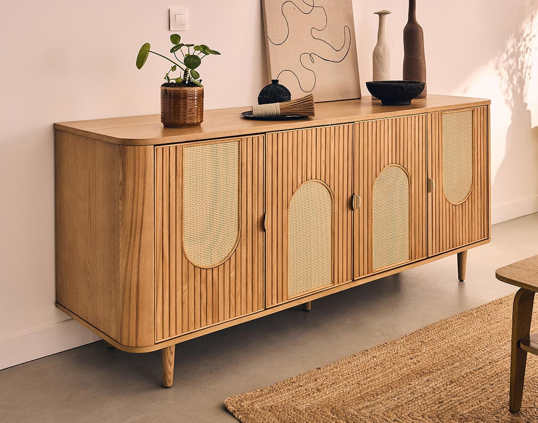 Buffet bas bois plaqué chêne et cannage 176 cm Milazzo