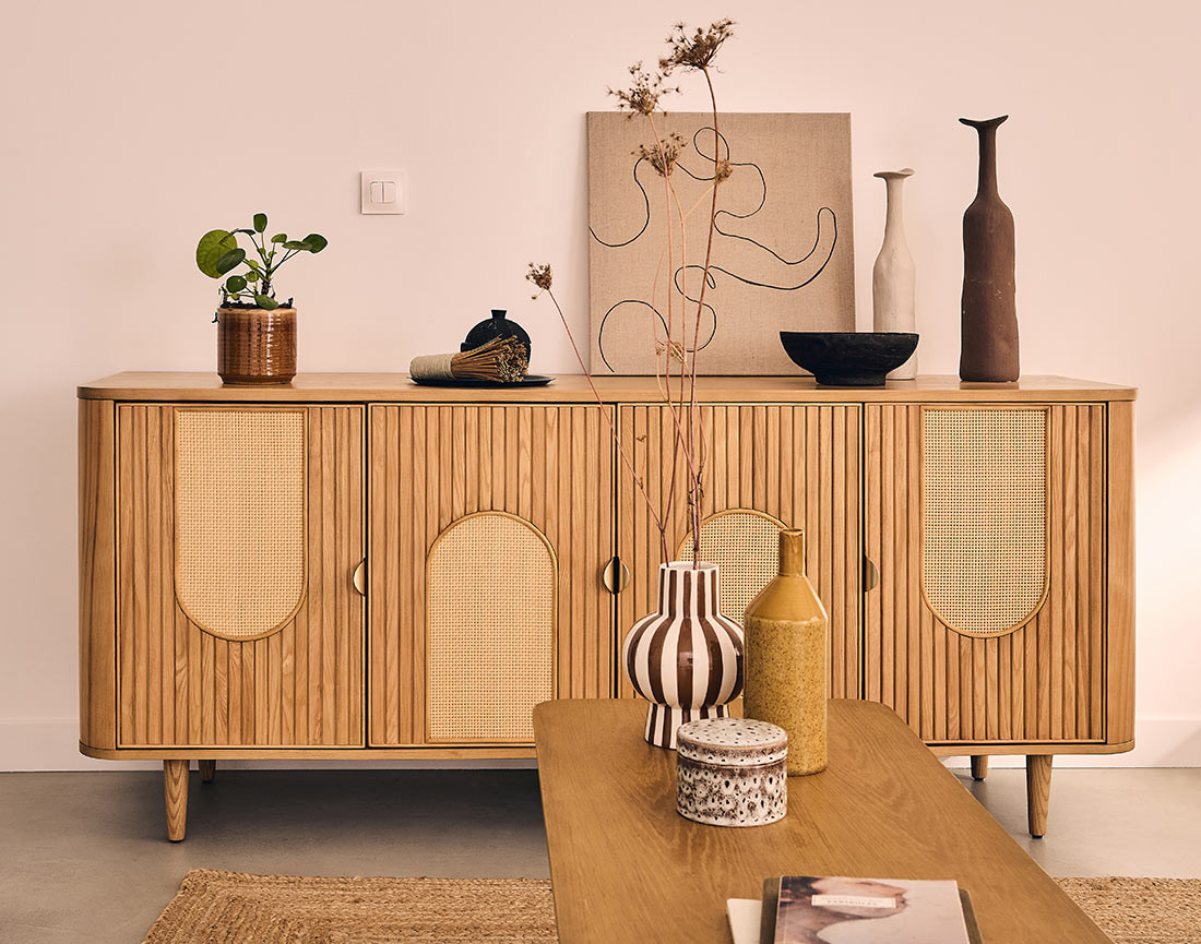 Buffet bas bois plaqué chêne et cannage 176 cm Milazzo