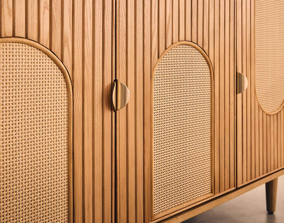 Buffet bas bois plaqué chêne et cannage 176 cm Milazzo
