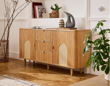 Buffet bas bois plaqué chêne et cannage 160 cm Milazzo