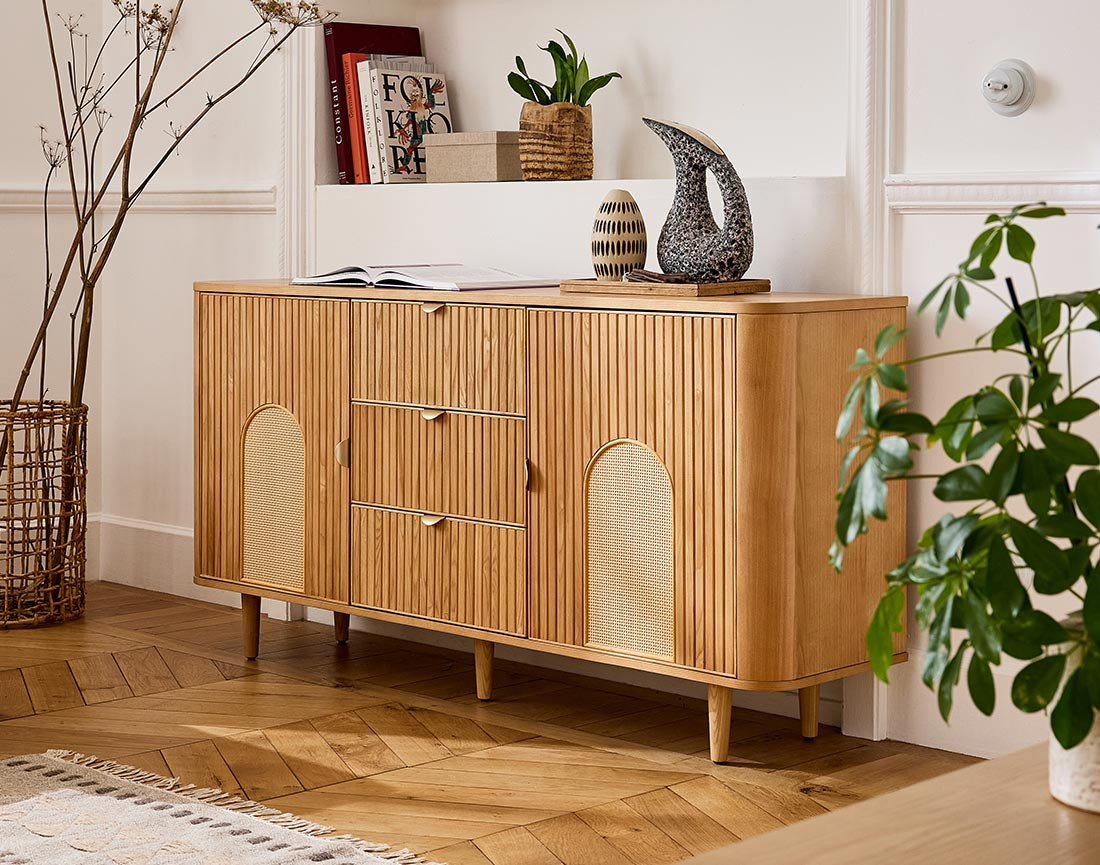Buffet bas bois plaqué chêne et cannage 160 cm Milazzo