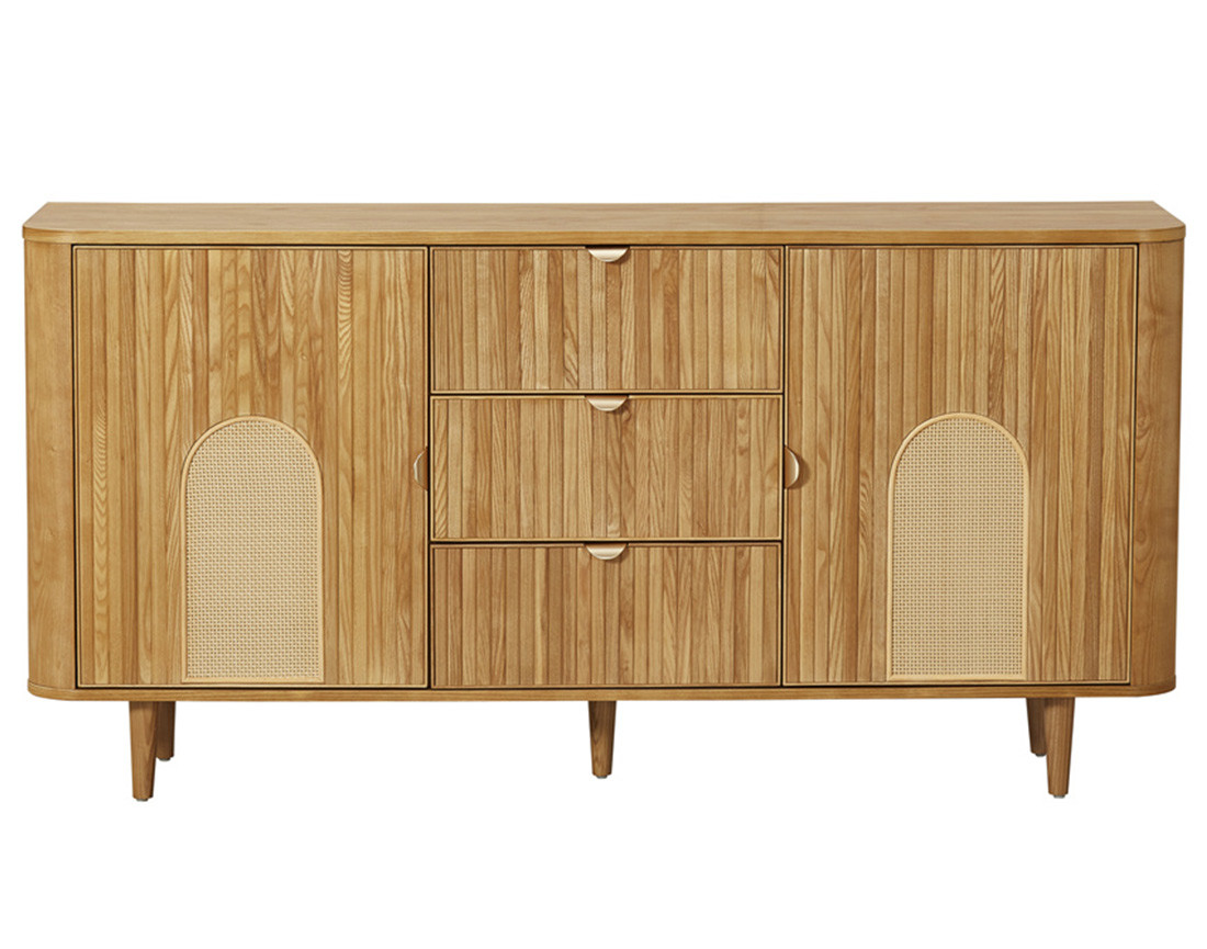 Buffet bas bois plaqué chêne et cannage 3 tiroirs et 2 portes 160 cm Milazzo