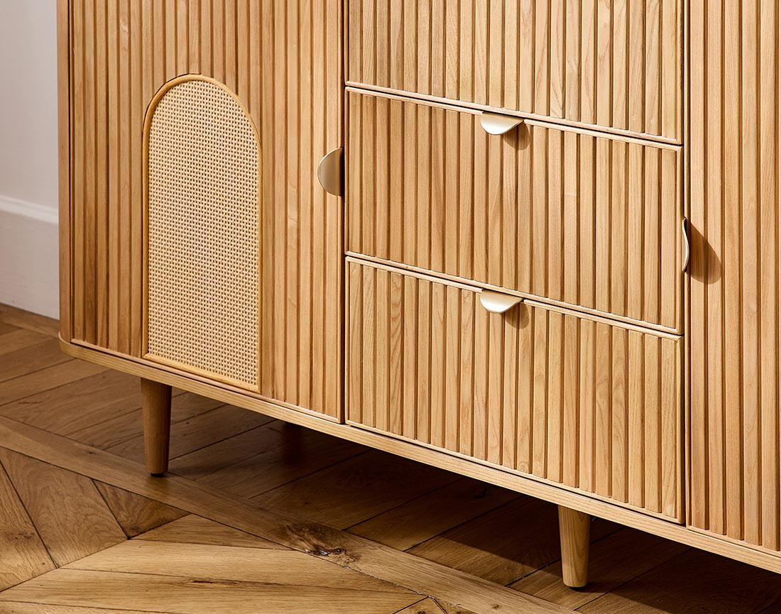 Buffet bas bois plaqué chêne et cannage 160 cm Milazzo