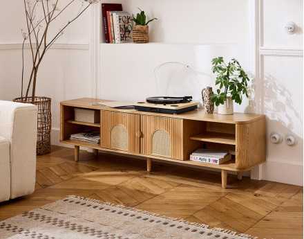 Meuble TV bois plaqué chêne et cannage 4 niches et 2 portes 180 cm Milazzo