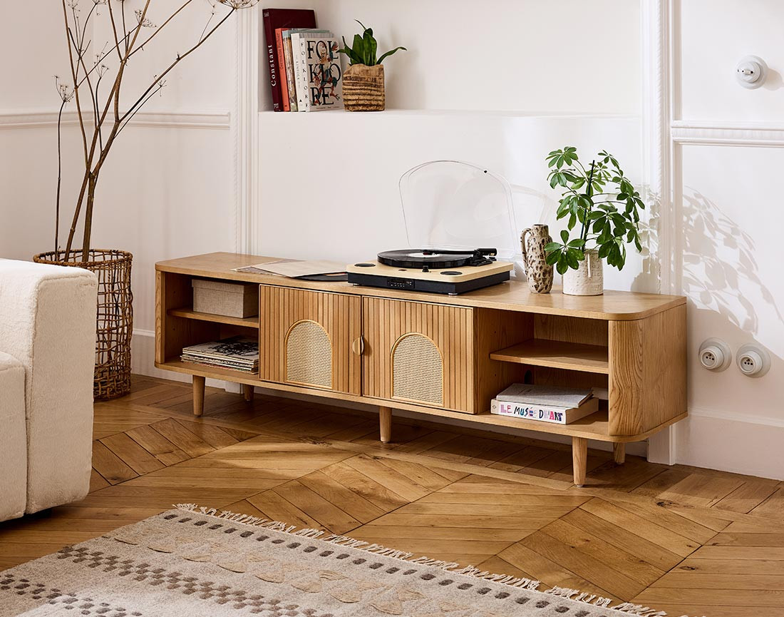 Meuble TV bois plaqué chêne et cannage 180 cm Milazzo