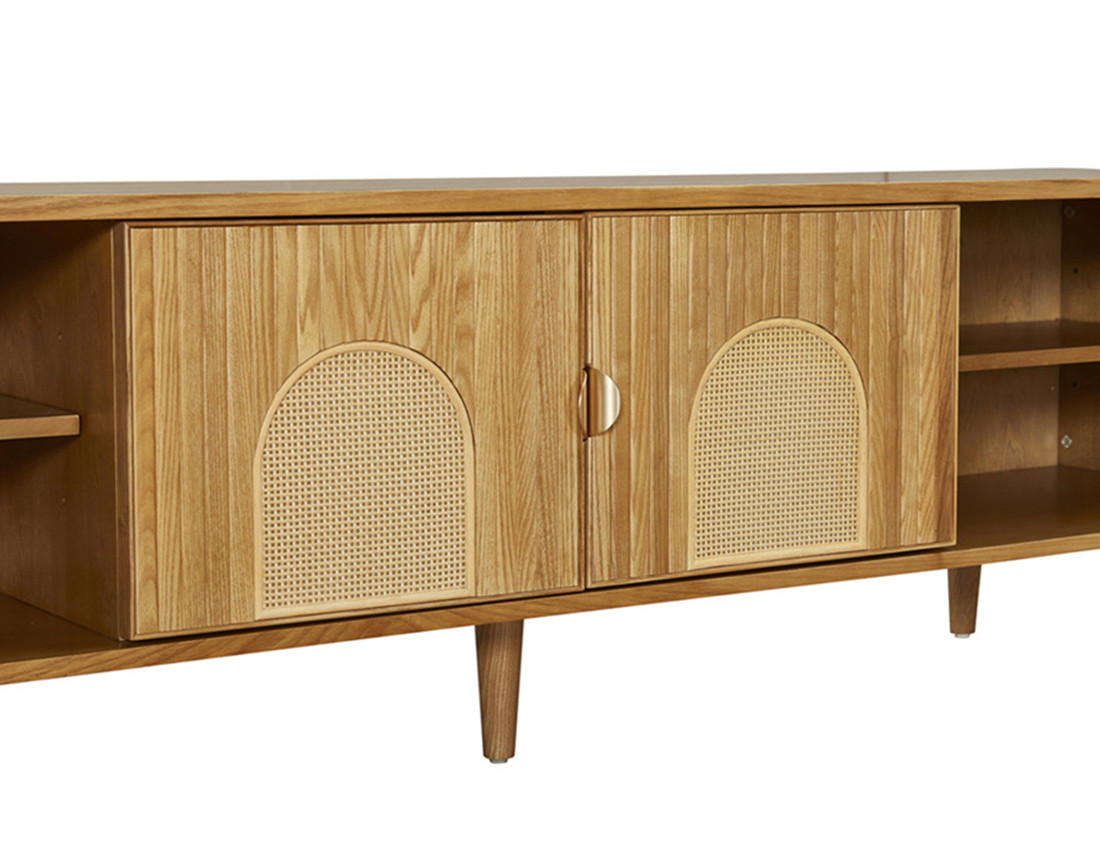 Meuble TV bois plaqué chêne et cannage 4 niches et 2 portes 180 cm Milazzo