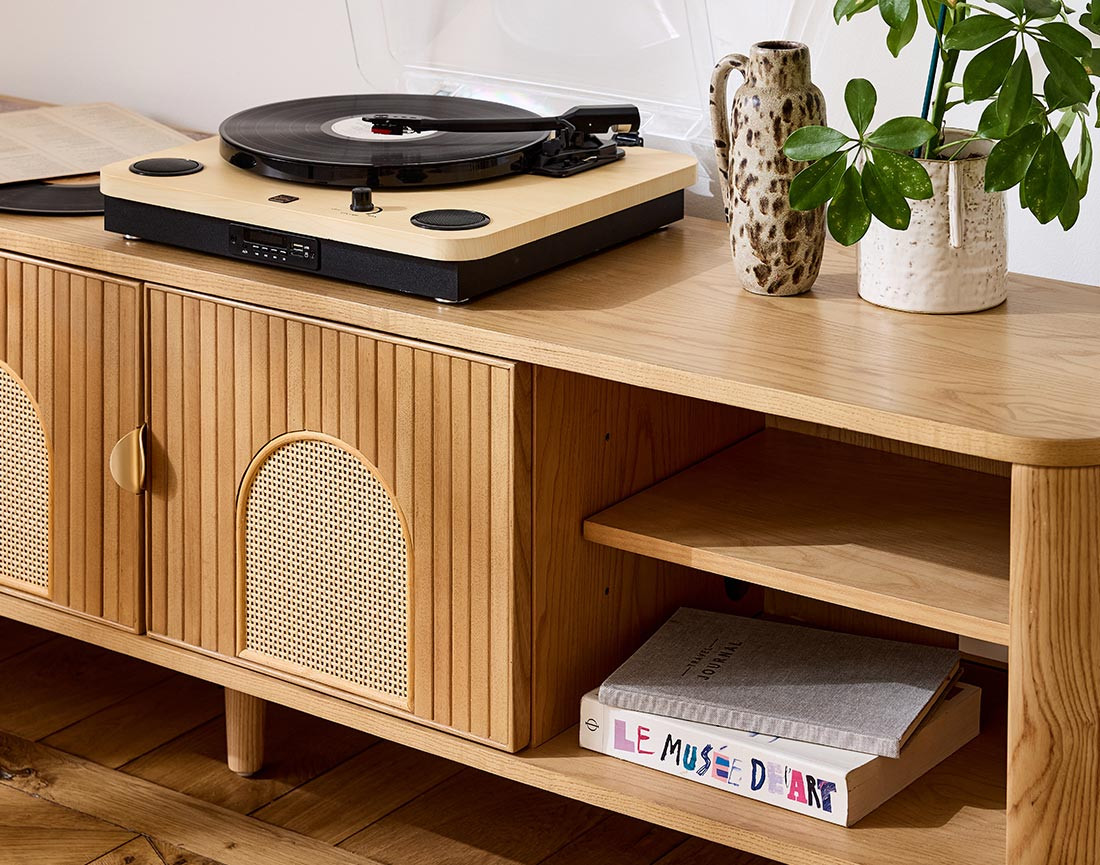 Meuble TV bois plaqué chêne et cannage 180 cm Milazzo