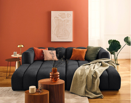 Canapé modulable droit 3 places avec double méridienne - assise profonde - en tissu texturé Debbie