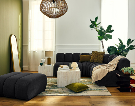 Canapé modulable d'angle réversible 4 places sans accoudoirs en tissu texturé Debbie