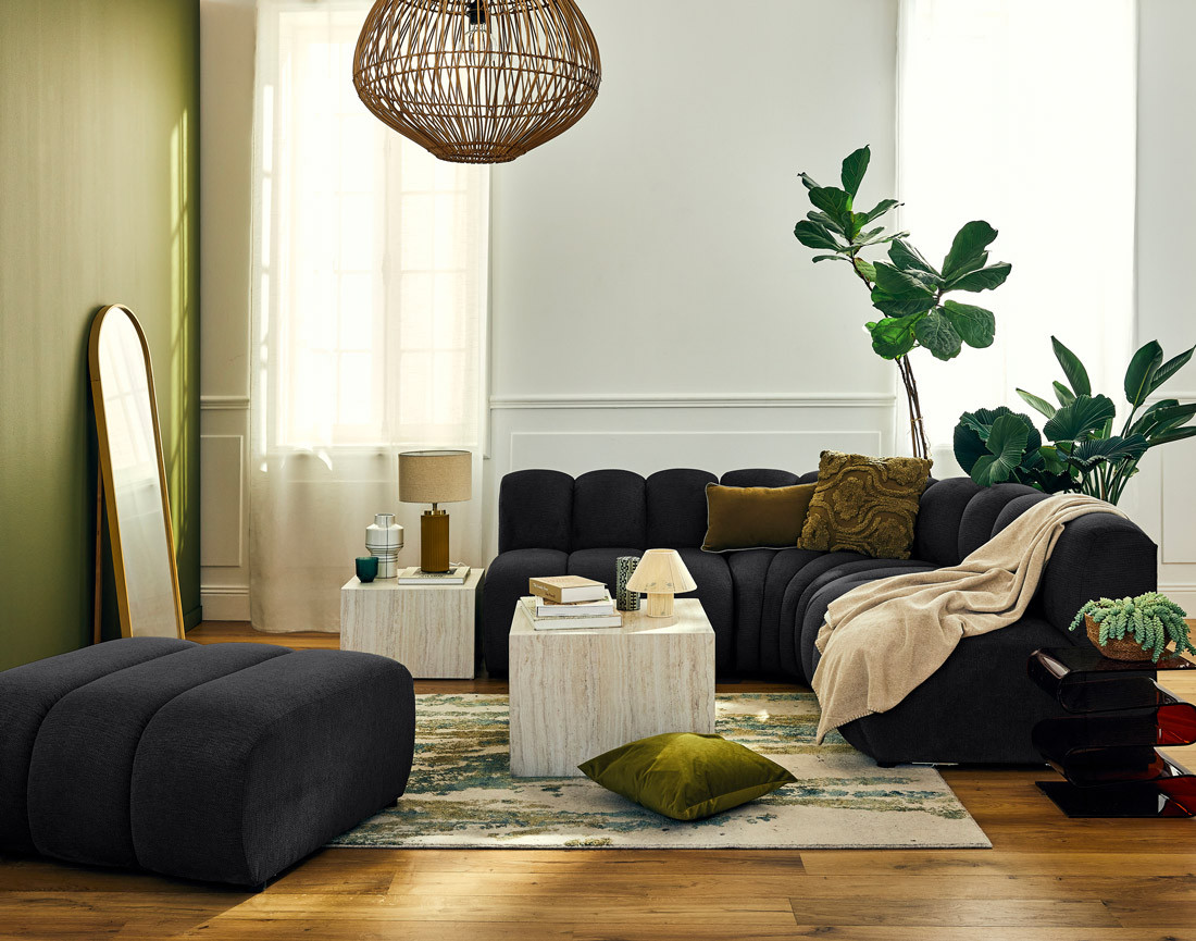 Canapé modulable d'angle réversible 4 places sans accoudoirs en tissu texturé Debbie