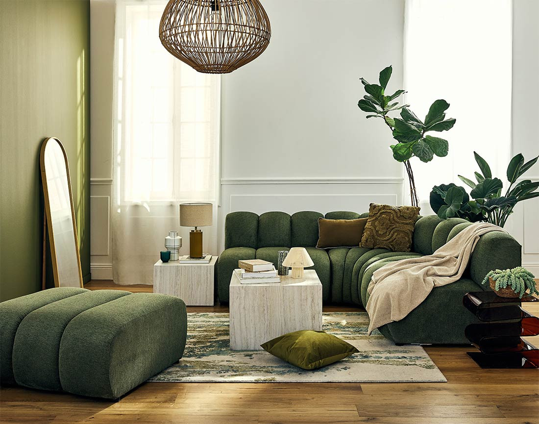 Canapé modulable d'angle réversible 4 places sans accoudoirs en tissu texturé Debbie