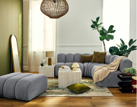 Canapé modulable d'angle réversible 4 places sans accoudoirs en tissu texturé Debbie